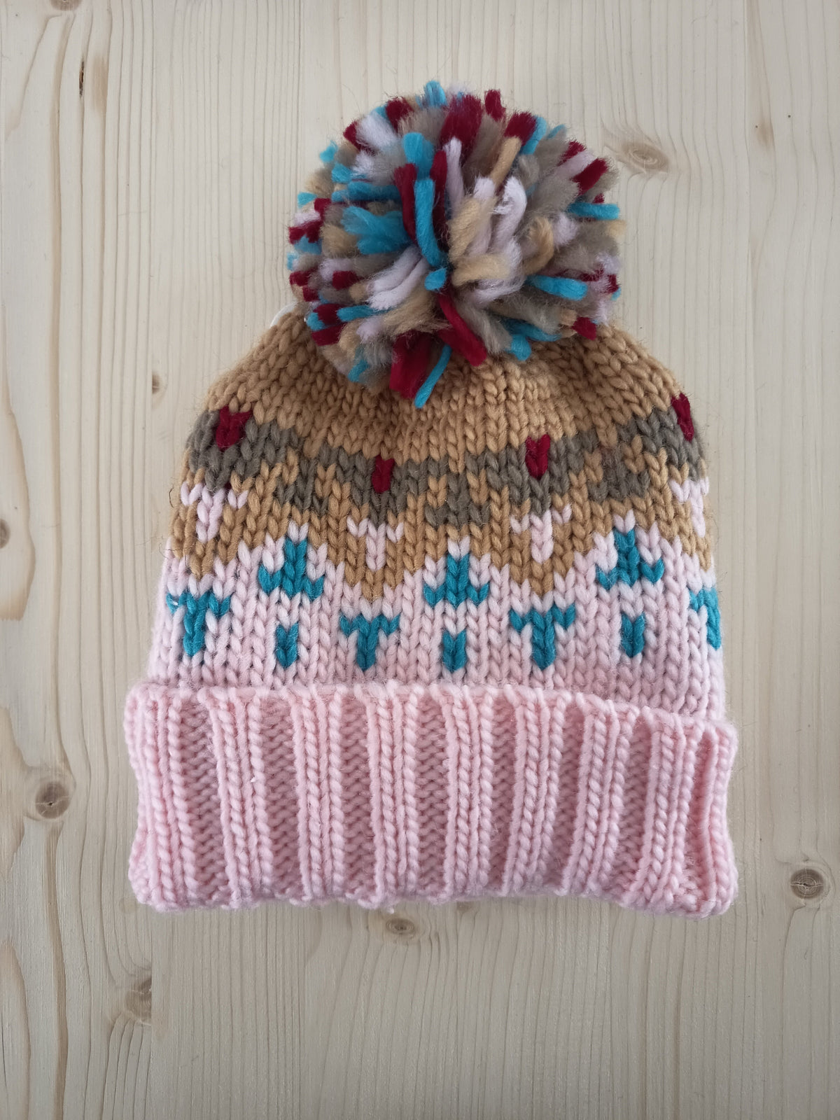 Pink Beanie with Blue Dots.