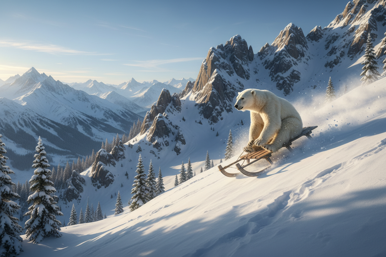 polar bear sledding down a realistic mountain